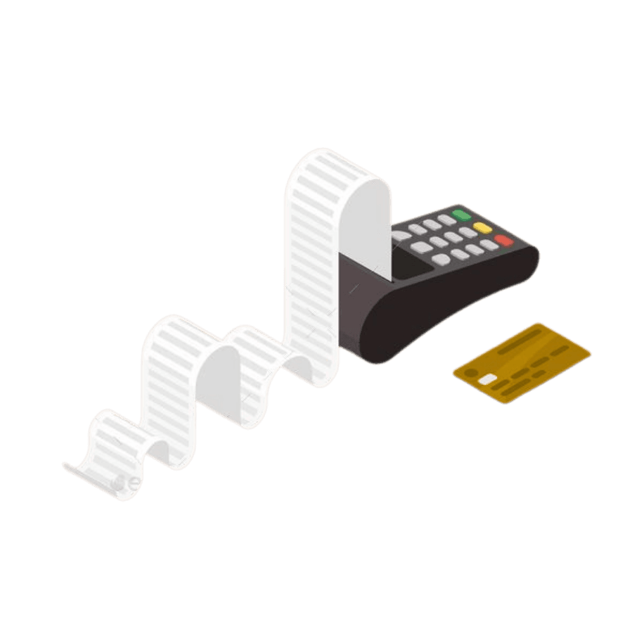 Ilustración de terminal de pago con recibo y tarjeta